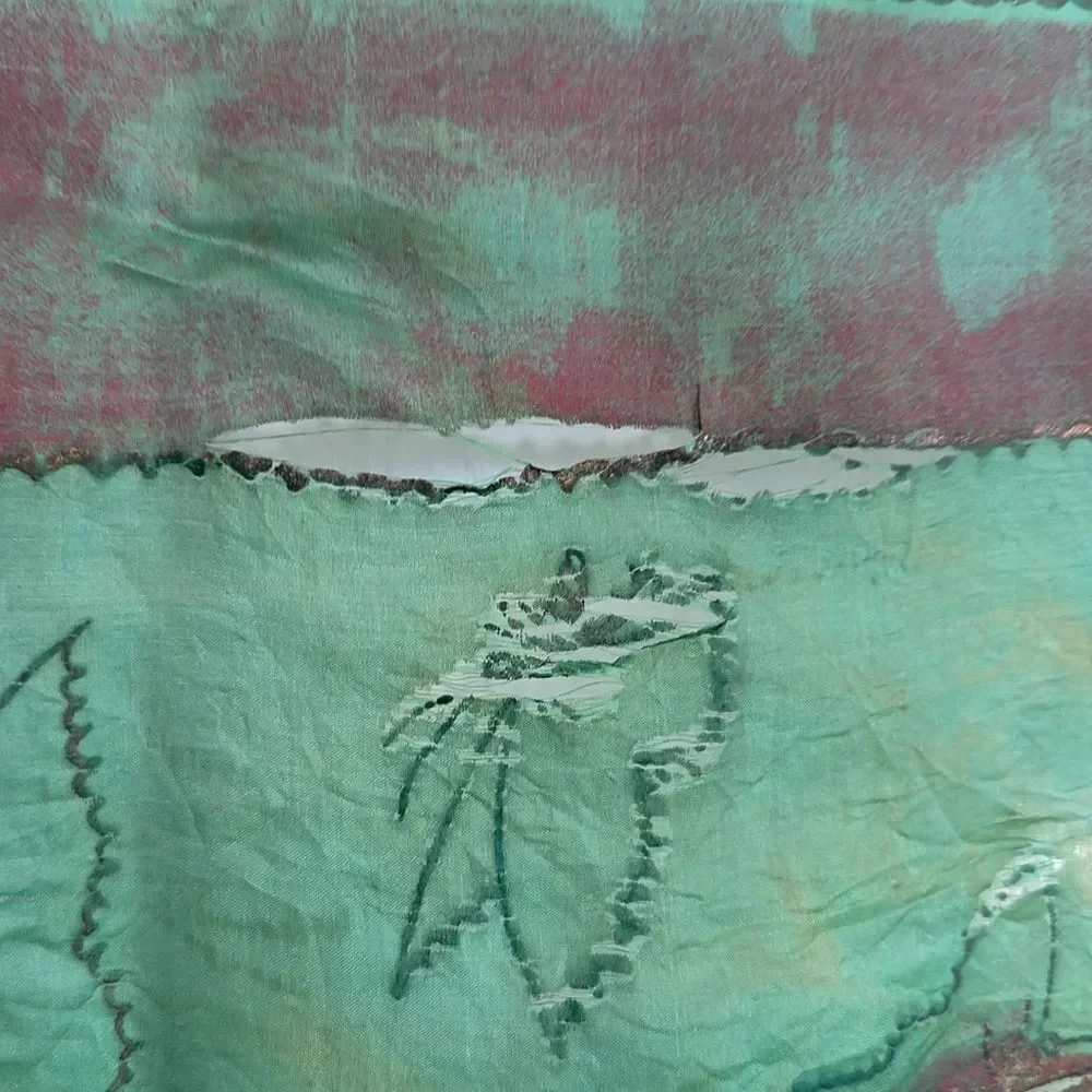 Vtg Brico  5 1/2 Momme green silk artsilk scarf painted‎ with butterflies- AS IS